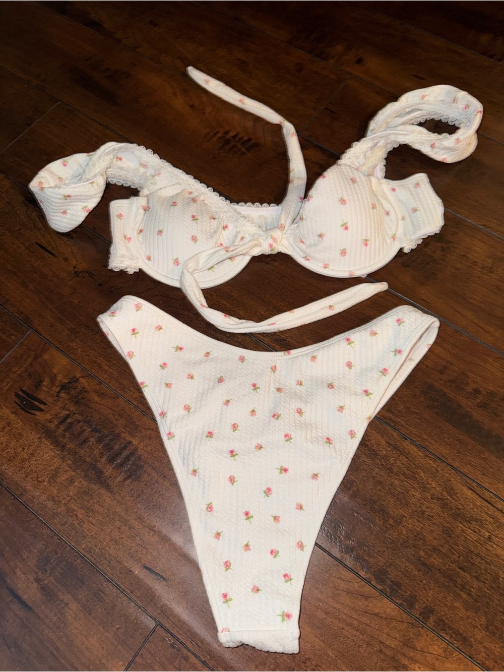 Fashion Nova White Floral Ribbed Bikini with Pink Rose Print